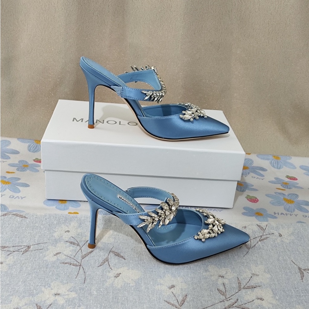 Manolo Blahnik Sky Blue Satin Crystal-Embellished Mule - Picture 8 of 14